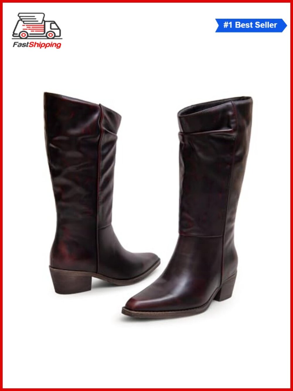 ✨ Cowboy Boots Women Faux Leather Pointed Toe Mid Calf Chunky Heel Pull On
